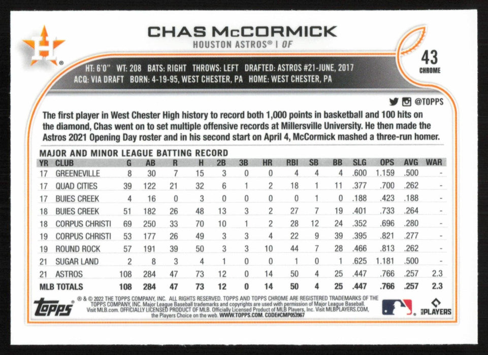 Chas McCormick 2022 Topps Chrome Baseball # 43 RC Houston Astros Base - Collectible Craze America