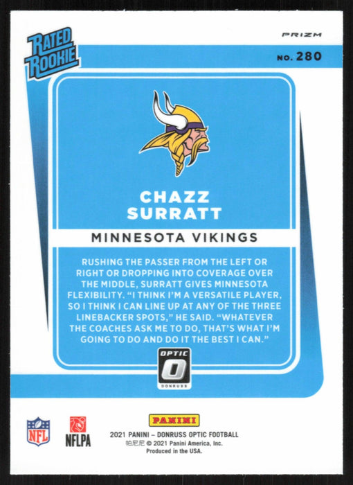 Chazz Surratt 2021 Donruss Optic Rated Rookie # 280 RC Purple Shock Minnesota Vikings - Collectible Craze America