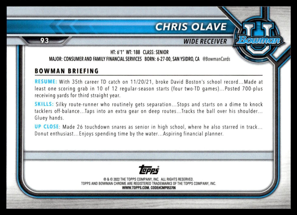 Chris Olave 2021 Bowman University Football # 93 Refractor Ohio State Buckeyes - Collectible Craze America