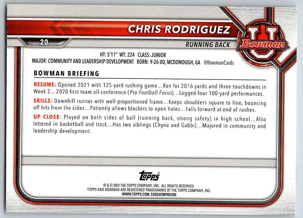 Chris Rodriguez 2021 Bowman University Football # 20 Kentucky Wildcats 1st Bowman - Collectible Craze America