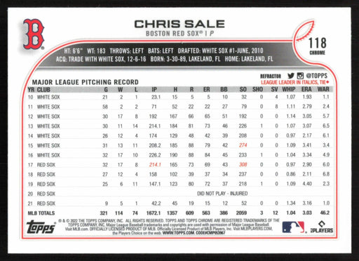 Chris Sale 2022 Topps Chrome # 118 Refractor Boston Red Sox - Collectible Craze America
