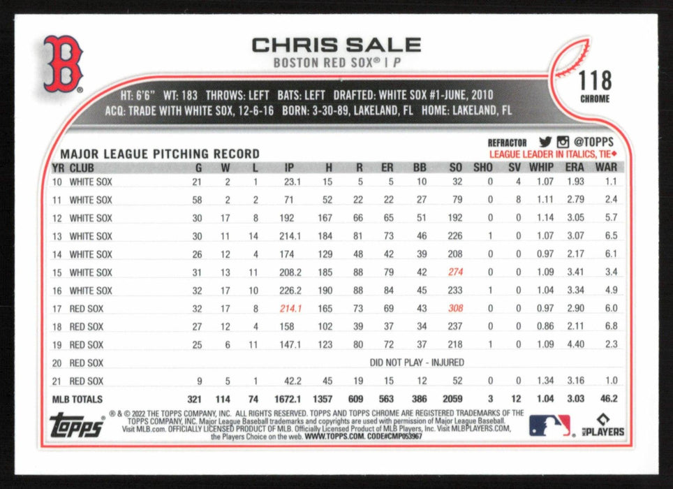 Chris Sale 2022 Topps Chrome # 118 Refractor Boston Red Sox - Collectible Craze America