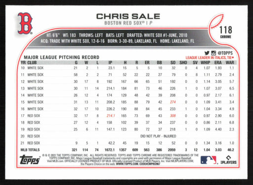 Chris Sale 2022 Topps Chrome Baseball # 118 Boston Red Sox Base - Collectible Craze America