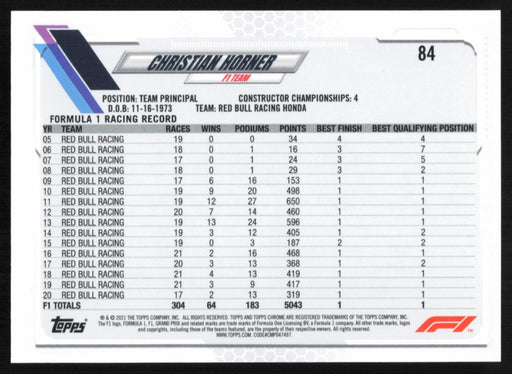 Christian Horner 2021 Topps Chrome Formula 1 # 84 Red Bull Racing Honda - Collectible Craze America