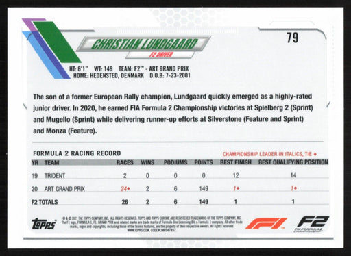 Christian Lundgaard 2021 Topps Chrome Formula 1 # 79 F2 - Art Grand Prix - Collectible Craze America