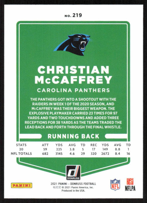 Christian McCaffrey 2021 Donruss Football # 219 Carolina Panthers Image Variation Base - Collectible Craze America