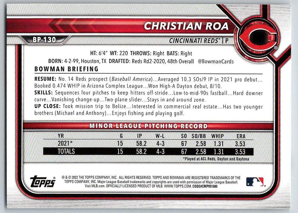 Christian Roa 2022 Bowman Prospects # BP-130 1st Bowman Cincinnati Reds - Collectible Craze America