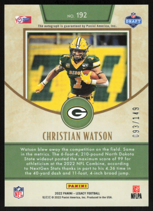 Christian Watson 2022 Panini Legacy Rookie # 192 RC Auto Orange Premium Edition 93/149 Green Bay Packers - Collectible Craze America