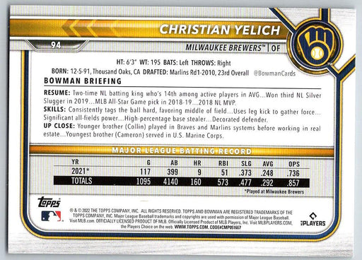 Christian Yelich 2022 Bowman # 94 Milwaukee Brewers - Collectible Craze America