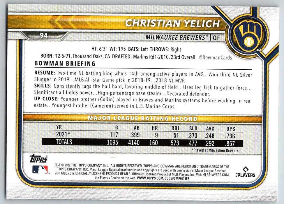 Christian Yelich 2022 Bowman # 94 Milwaukee Brewers - Collectible Craze America