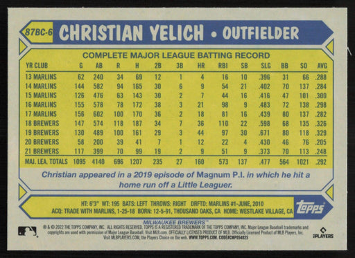 Christian Yelich 2022 Topps Chrome Baseball 1987 Topps # 87BC-6 Milwaukee Brewers - Collectible Craze America