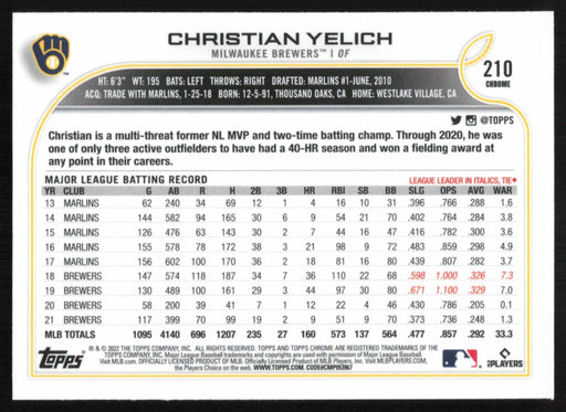 Christian Yelich 2022 Topps Chrome Baseball # 210 Milwaukee Brewers Base - Collectible Craze America