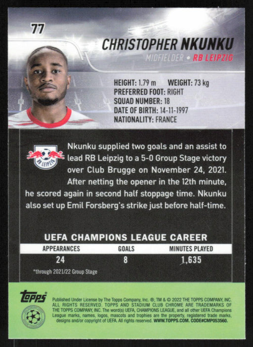 Christopher Nkunku 2021 Topps Stadium Club Chrome UEFA Champions League # 77 RB Leipzig Base - Collectible Craze America