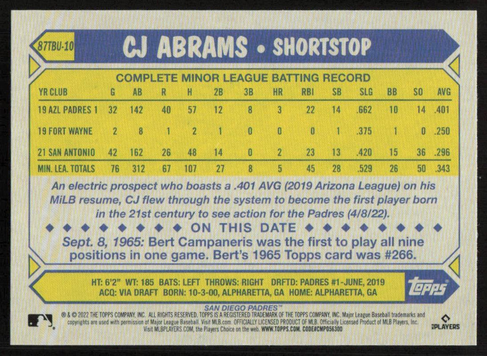 CJ Abrams 2022 Topps Update # 87TBU-10 1987 Topps RC San Diego Padres - Collectible Craze America