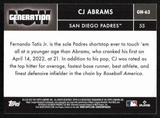 CJ Abrams 2022 Topps Update Generation Now # GN-63 RC San Diego Padres - Collectible Craze America