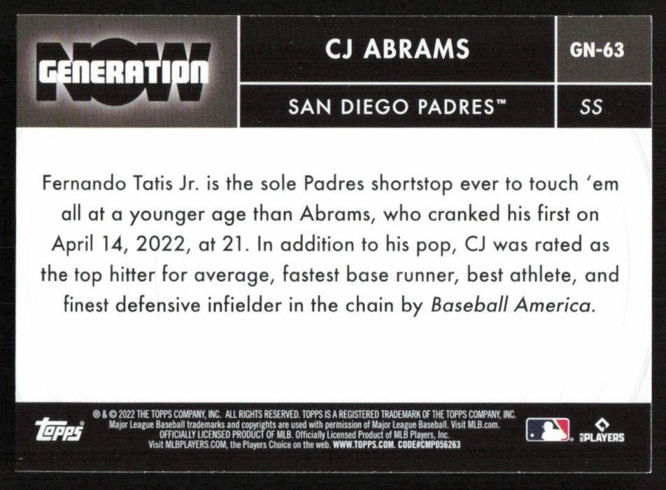 CJ Abrams 2022 Topps Update Generation Now # GN-63 RC San Diego Padres - Collectible Craze America