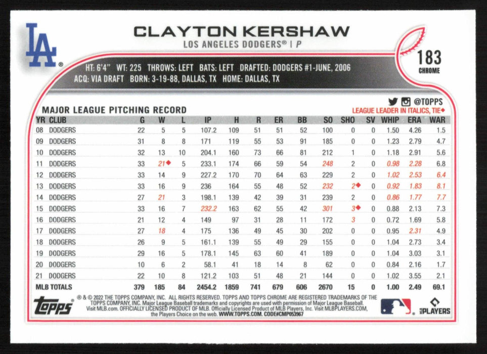 Clayton Kershaw 2022 Topps Chrome Baseball # 183 Los Angeles Dodgers Base - Collectible Craze America