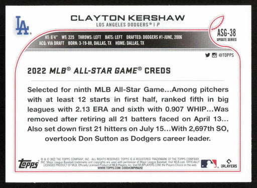 Clayton Kershaw 2022 Topps Update # ASG-38 All Star Game Los Angeles Dodgers - Collectible Craze America