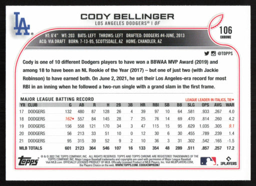 Cody Bellinger 2022 Topps Chrome Baseball # 106 Los Angeles Dodgers Base - Collectible Craze America