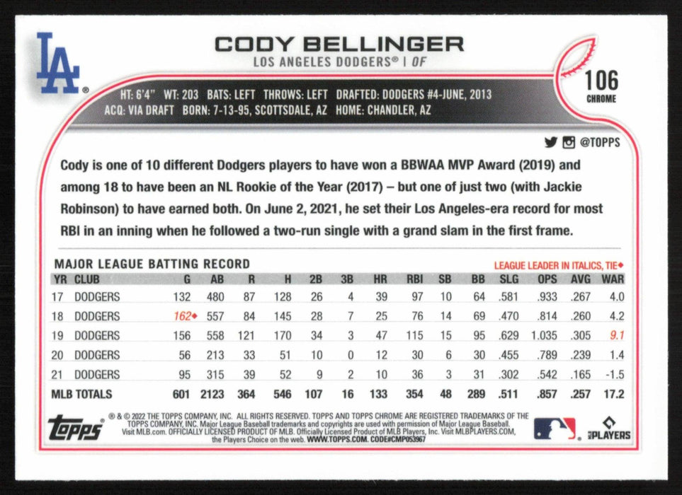 Cody Bellinger 2022 Topps Chrome Baseball # 106 Los Angeles Dodgers Base - Collectible Craze America