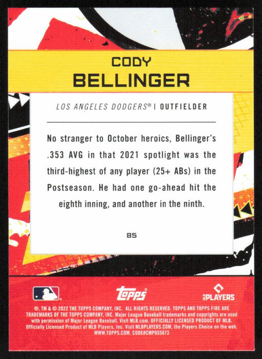 Cody Bellinger 2022 Topps Fire Baseball # 85 Los Angeles Dodgers Base - Collectible Craze America