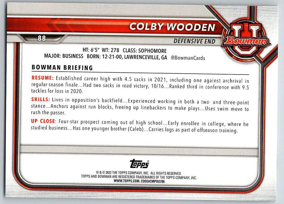 Colby Wooden 2021 Bowman University Football # 88 Auburn Tigers 1st Bowman - Collectible Craze America