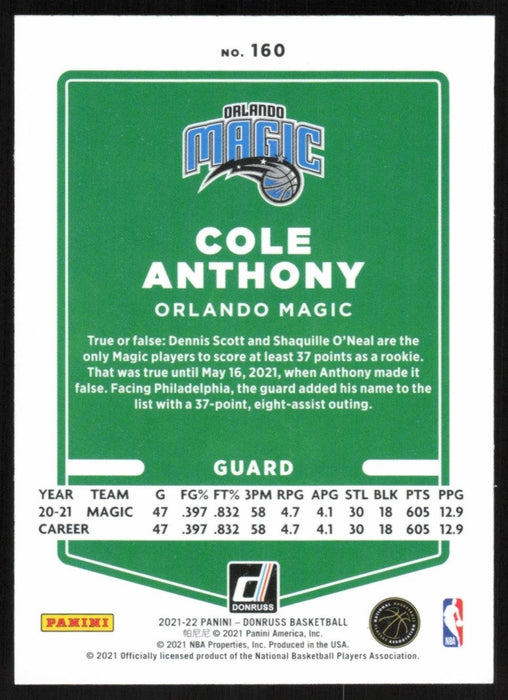Cole Anthony 2021 Donruss # 160 Orange Holo Laser Orlando Magic - Collectible Craze America