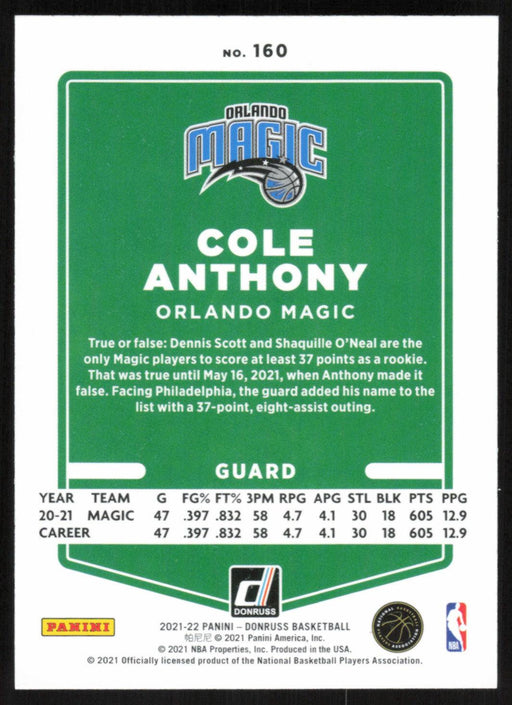 Cole Anthony 2021 Donruss # 160 Orange Holo Laser Orlando Magic - Collectible Craze America