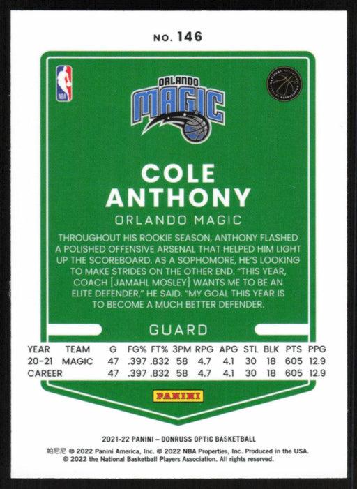 Cole Anthony 2021 Panini Donruss Optic # 146 Orlando Magic Base - Collectible Craze America