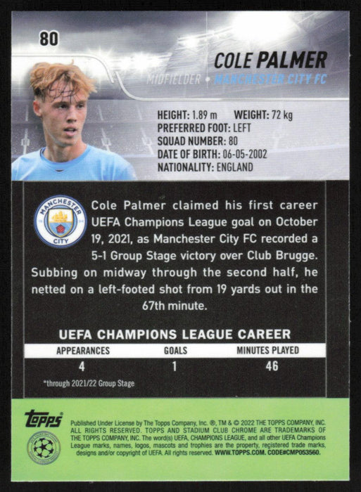 Cole Palmer 2021 Topps Stadium Club Chrome UEFA Champions League # 80 RC Manchester City FC Base - Collectible Craze America