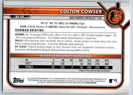 Colton Cowser 2022 Bowman Prospects # BP-49 Baltimore Orioles - Collectible Craze America