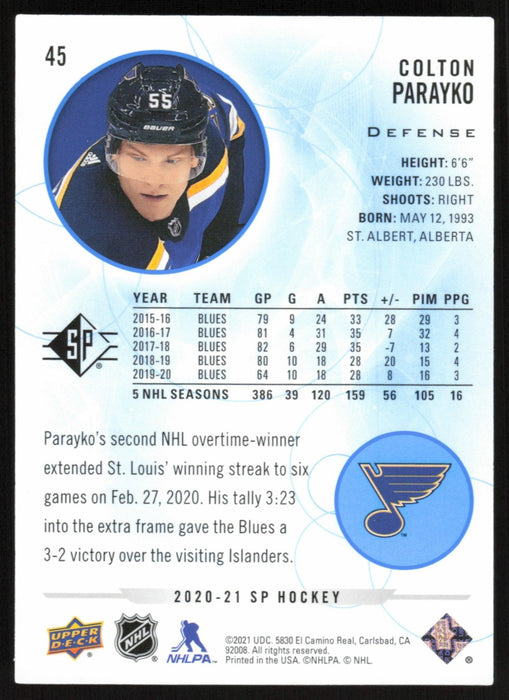 Colton Parayko 2020 SP Hockey # 45 St. Louis Blues Blue Parallel - Collectible Craze America