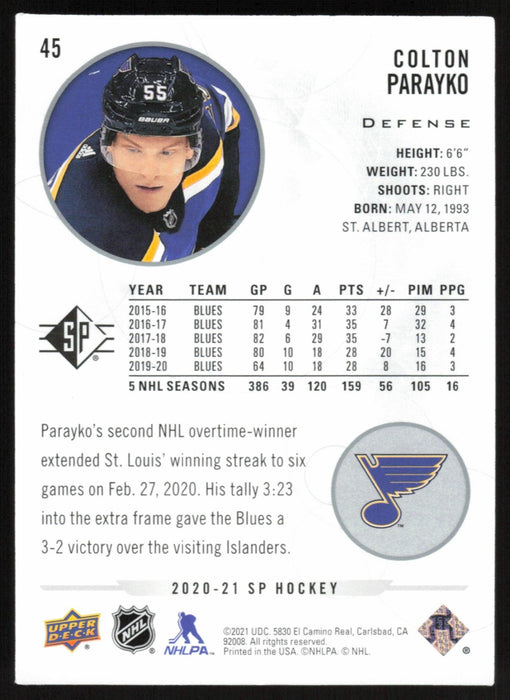 Colton Parayko 2020 SP Hockey # 45 St. Louis Blues - Collectible Craze America