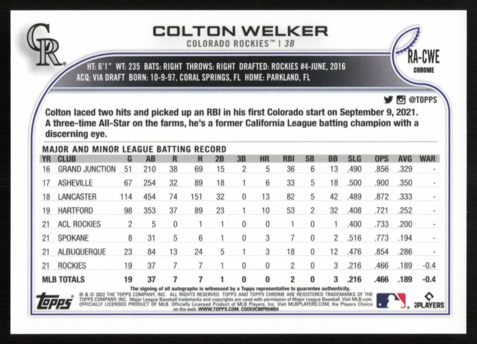 Colton Welker 2022 Topps Chrome Baseball # RA-CWE RC Auto Colorado Rockies - Collectible Craze America