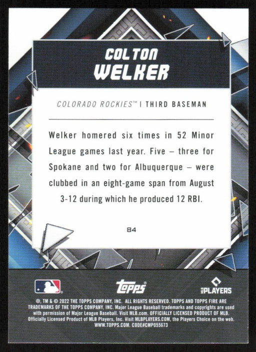 Colton Welker 2022 Topps Fire Baseball # 84 RC Colorado Rockies Base - Collectible Craze America