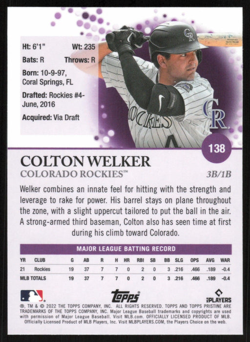 Colton Welker 2022 Topps Pristine Baseball # 138 RC Colorado Rockies - Collectible Craze America