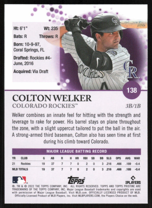 Colton Welker 2022 Topps Pristine Baseball # 138 RC Colorado Rockies - Collectible Craze America