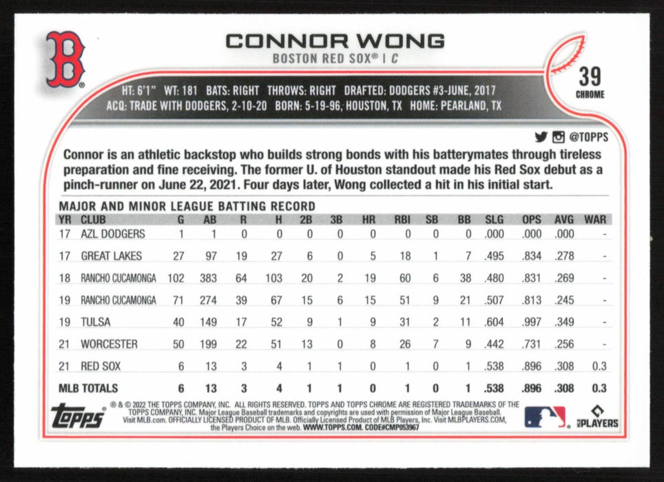 Connor Wong 2022 Topps Chrome # 39 RC X-Fractor Boston Red Sox - Collectible Craze America