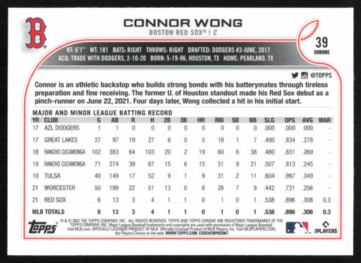 Connor Wong 2022 Topps Chrome Baseball # 39 RC Boston Red Sox Base - Collectible Craze America