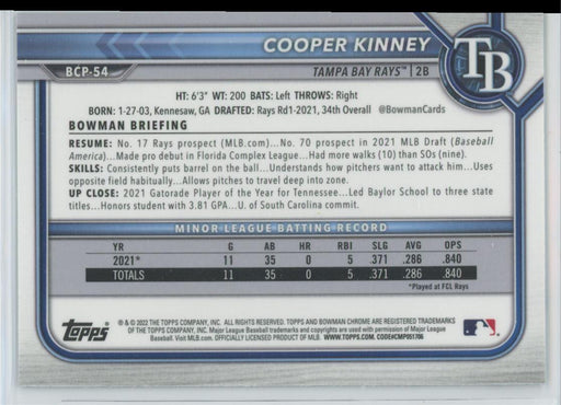 Cooper Kinney 2022 Bowman Chrome Prospects # BCP-54 Tampa Bay Rays - Collectible Craze America