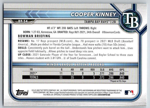 Cooper Kinney 2022 Bowman Prospects # BP-54 Tampa Bay Rays - Collectible Craze America