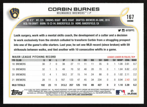 Corbin Burnes 2022 Topps Chrome # 167 X-Fractor Milwaukee Brewers - Collectible Craze America