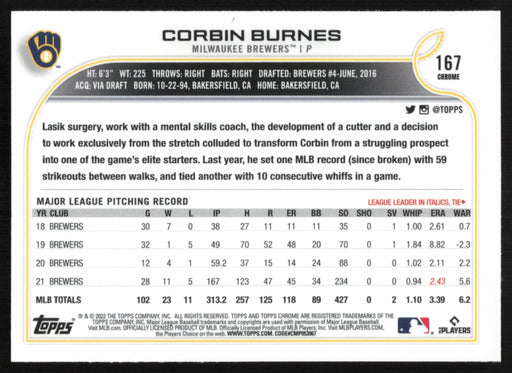 Corbin Burnes 2022 Topps Chrome Baseball # 167 Milwaukee Brewers Base - Collectible Craze America