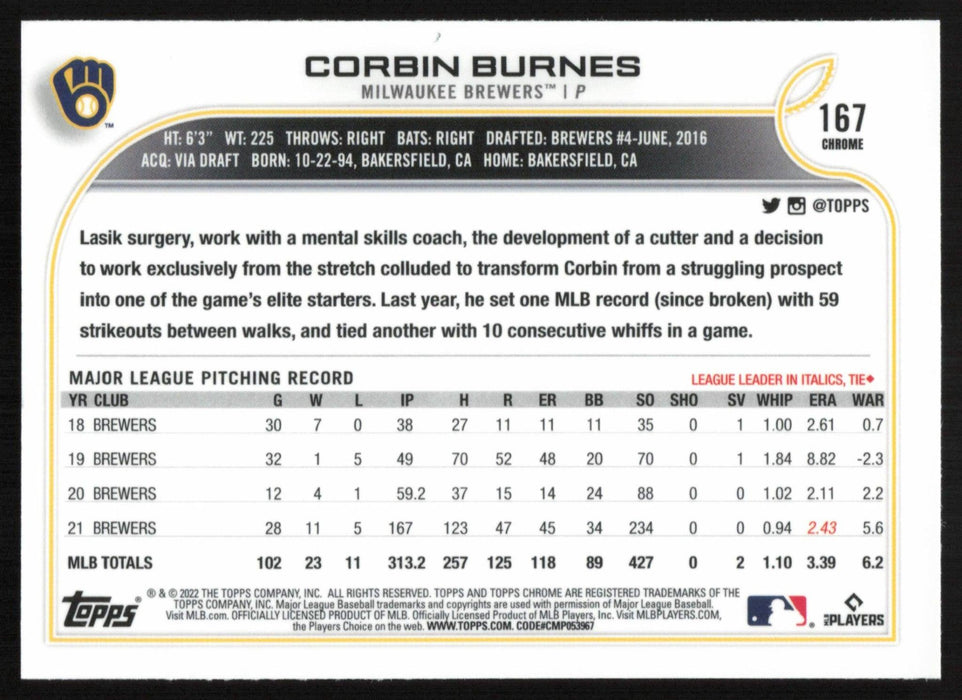Corbin Burnes 2022 Topps Chrome Baseball # 167 Milwaukee Brewers Base - Collectible Craze America