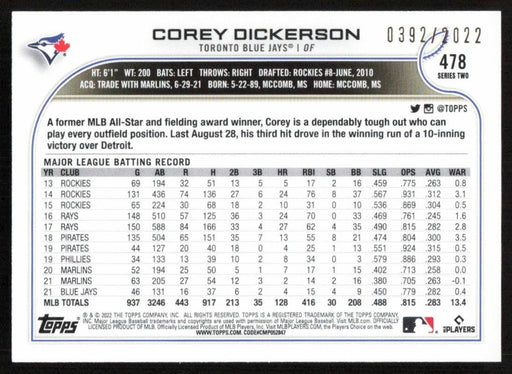 Corey Dickerson 2022 Topps Series 2 # 478 Gold 0392/2022 Toronto Blue Jays - Collectible Craze America