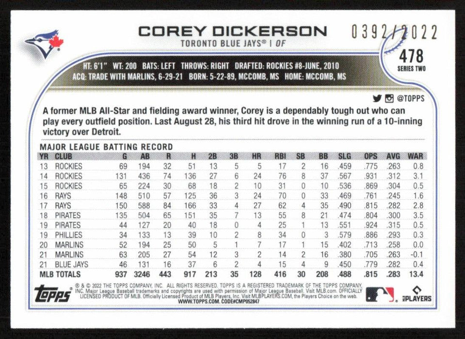 Corey Dickerson 2022 Topps Series 2 # 478 Gold 0392/2022 Toronto Blue Jays - Collectible Craze America