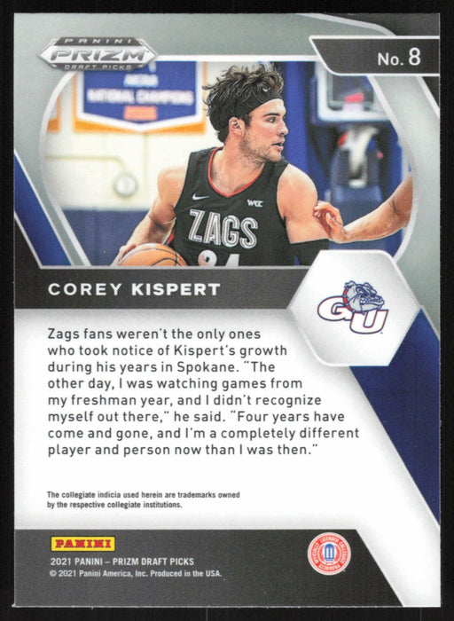 Corey Kispert 2021 Panini Prizm Draft Picks # 8 RC Gonzaga Bulldogs - Collectible Craze America