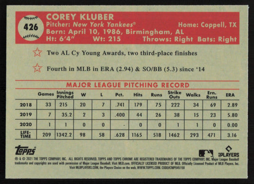 Corey Kluber 2021 Topps Chrome Platinum Anniversary # 426 New York Yankees - Collectible Craze America