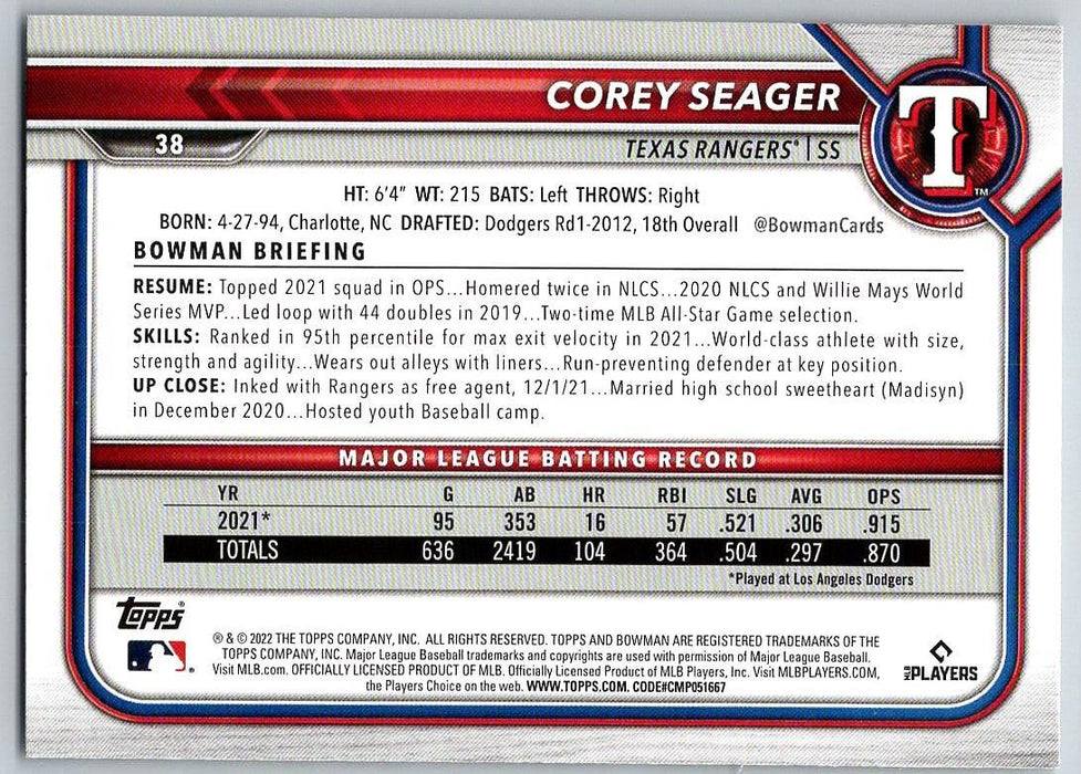 Corey Seager 2022 Bowman # 38 Texas Rangers - Collectible Craze America