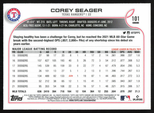 Corey Seager 2022 Topps Chrome Baseball # 101 Texas Rangers Base - Collectible Craze America